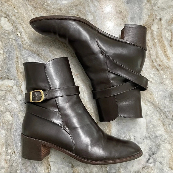 Salvatore Ferragamo Brown Leather Ankle Heeled Boots Size 6B Gold Buckle Detail - Picture 7 of 17